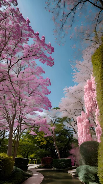 Un parc avec un arbre et un ciel bleu