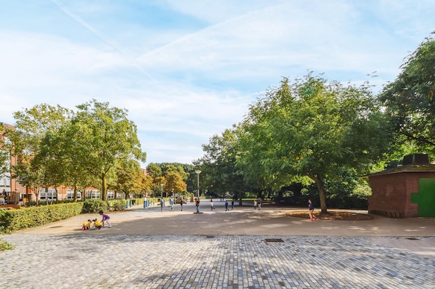 Un parc avec des arbres et des gens jouant dans un parc