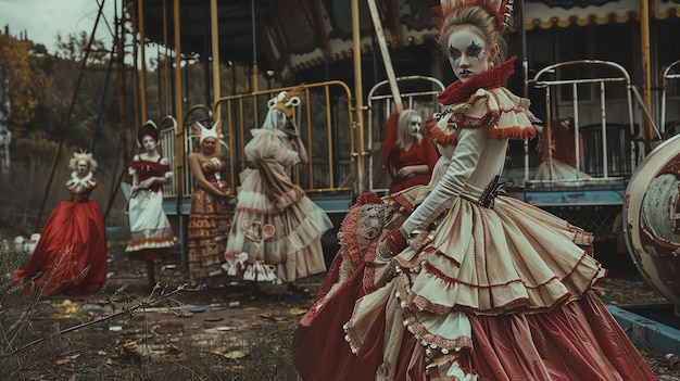 Un parc d'attractions abandonné est le décor d'un groupe de femmes vêtues de costumes élaborés et déchirés.
