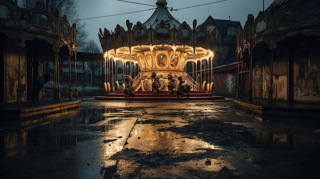 Photo parc d'attractions abandonné de nuit avec grande roue de sanatorium et concept de fond de parc brumeux pour halloween