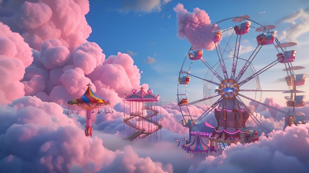 Un parc d'attractions capricieux flotte parmi les nuages roses moelleux Une grande roue un carrousel et une montagne russe sont les principales attractions