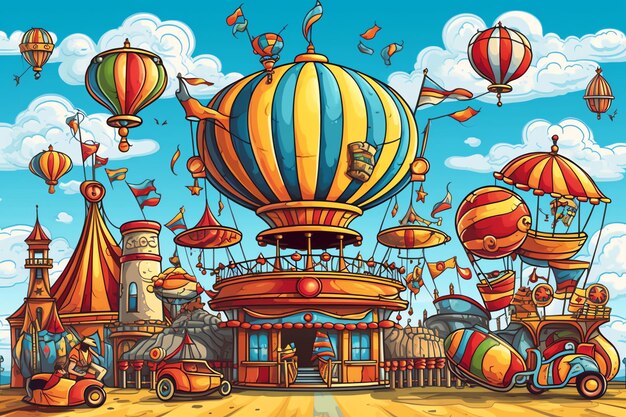 Photo parc d'attractions avec chapiteau de cirque et carrousel dans la fête foraine carnaval itinérant en style dessin animé