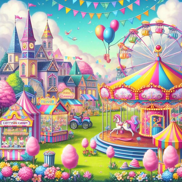 Parc d'attractions avec des manèges de carnaval illustration 3D