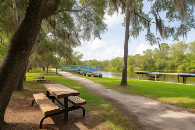 Parc au bord de l'eau avec tables de pique-nique sur piste de jogging et zone de baignade créée avec une IA générative