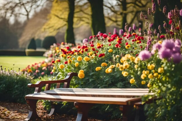 Un parc avec un banc et des fleurs au premier plan