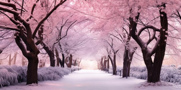 un parc couvert de neige avec des arbres et un sol couvert de Neige