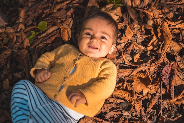 Parc dans un coucher de soleil d'automne, bébé de six mois souriant allongé dans les feuilles des arbres