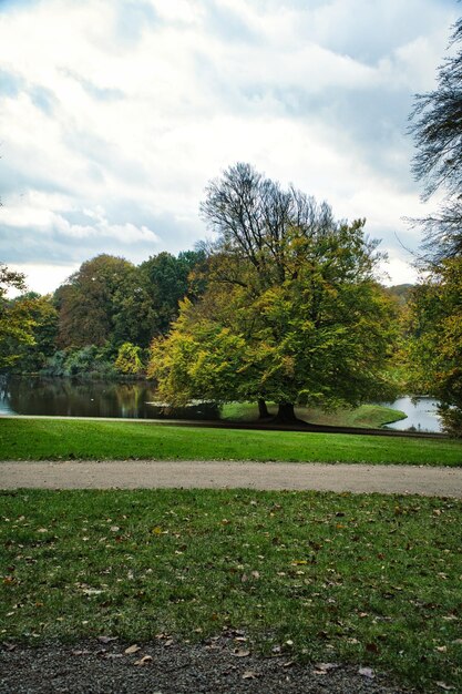 Parc du château de Frederiksborg en automne avec de puissants arbres à feuilles caduques sur les prés du jardin