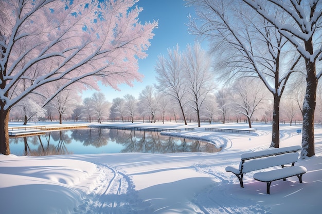 Un parc enneigé avec un étang et un banc de parc enneigé.