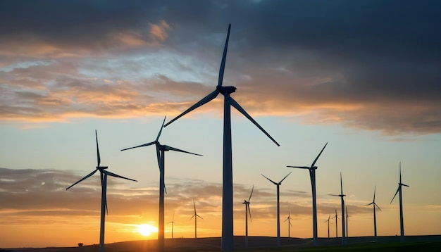 Photo un parc éolien avec un coucher de soleil en arrière-plan