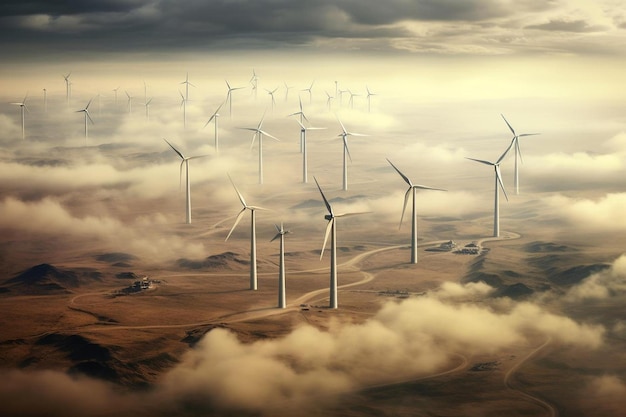 Un parc éolien est entouré d'un champ d'éoliennes.