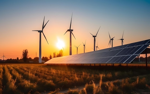 Un parc éolien avec un panneau solaire au premier plan.