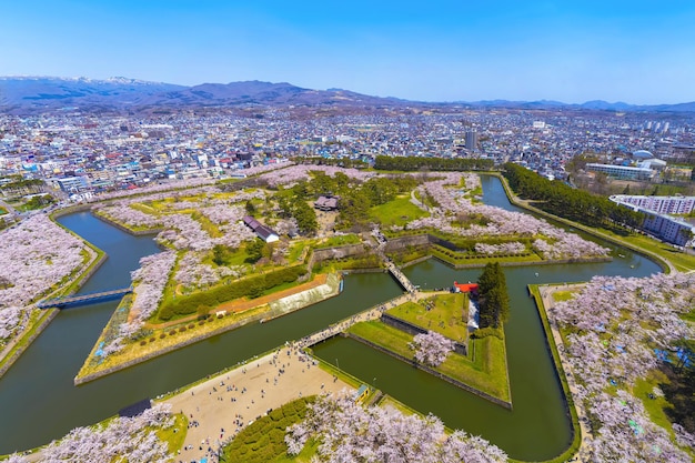 Photo parc goryokaku au printemps, saison des fleurs de cerisier. vue aérienne hakodate hokkaido japon