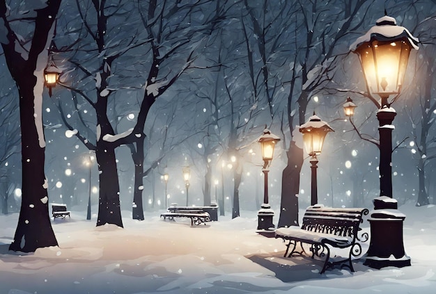 Parc d'hiver la nuit avec des arbres couverts de bancs de neige et de lanternes photo HD générée par l'IA