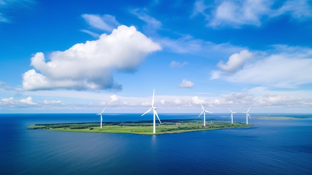 Parc de moulins à vent en mer avec des nuages et un parc de moulin à vent au ciel bleu dans l'océan vue aérienne avec une turbine éolienne Concept d'énergie verte