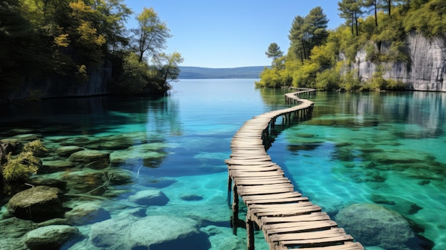 Le parc national des lacs de Plitvice offre une vue imprenable sur un lac bleu et un soleil doré Croati