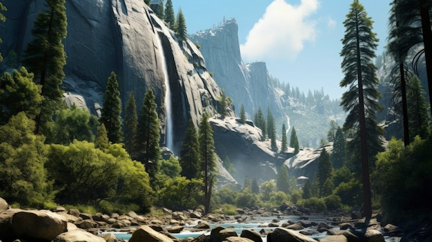 Le parc national de Yosemite, en Californie, aux États-Unis, des falaises de granit créées avec la technologie d'intelligence artificielle générative.