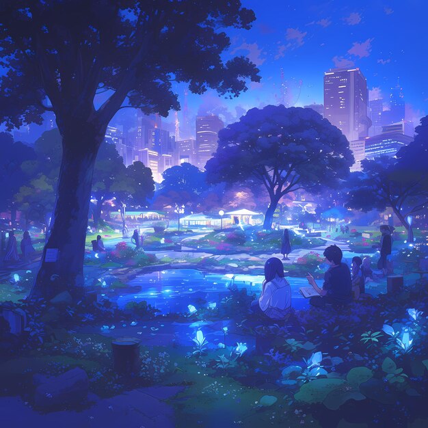 Un parc nocturne enchanteur avec des arbres bioluminescents Des gens assis près de la cascade
