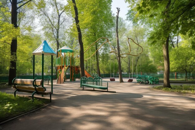 Parc public avec aire de jeux et balançoires pour les enfants