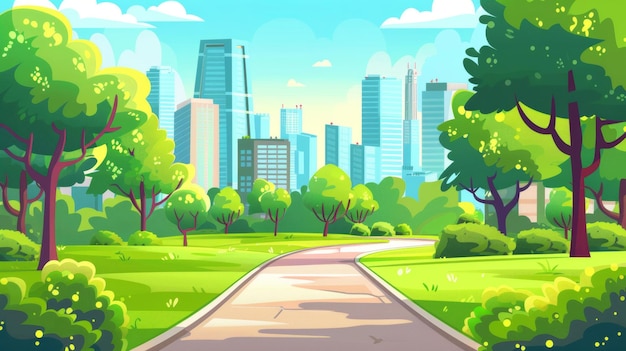 Parc public typique de la ville avec des sentiers, des arbres et de l'herbe entourés de gratte-ciel, paysage urbain moderne d'été avec une route dans un jardin, vue panoramique sur la ville avec un parc.