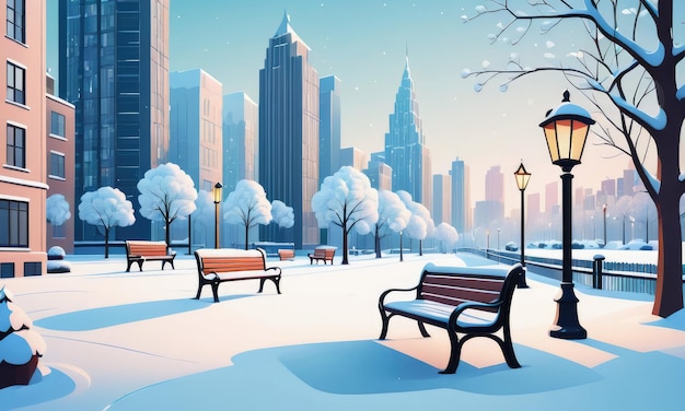 Photo parc public de la ville d'hiver avec sol recouvert de neige et banc d'arbres