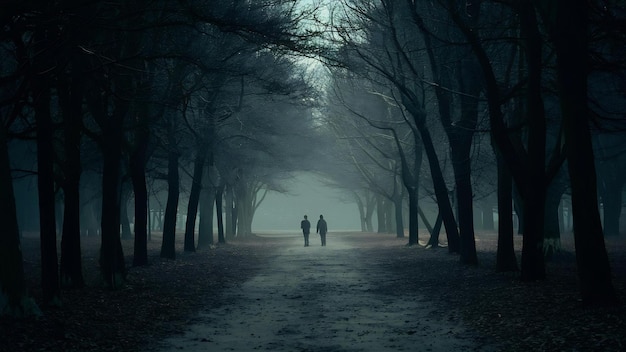 Un parc sombre effrayant avec deux personnes au loin