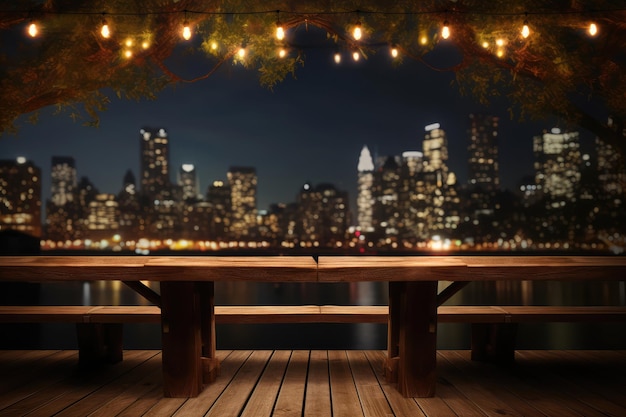 Parc de table en bois contre vue sur la grande ville la nuit avec des lumières
