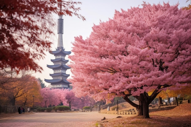 Parc et tour à Séoul, en Corée du Sud, avec une fleur de sakura et un arbre d'automne