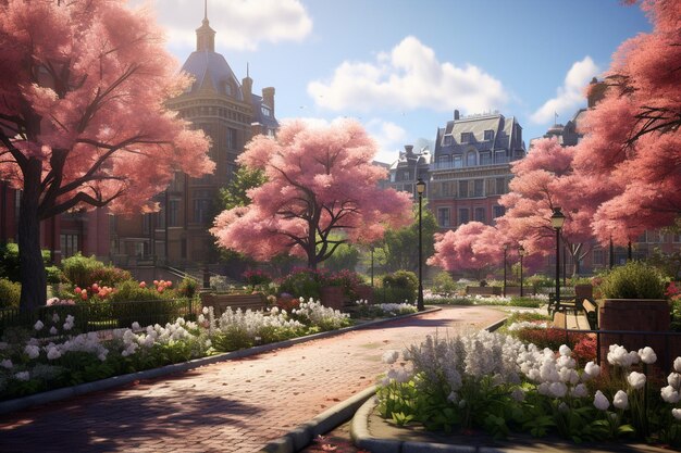 Un parc urbain animé avec des arbres en pleine floraison pro 00460 03