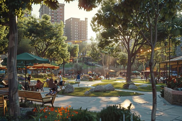 Un parc urbain animé avec des gens qui apprécient le plein air