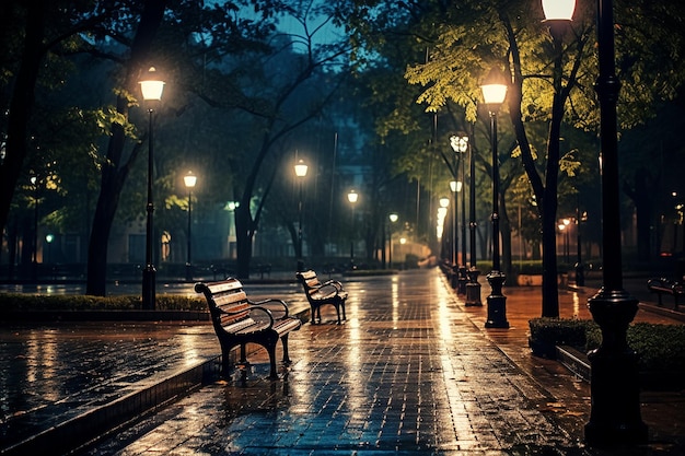 Parc urbain trempé de pluie avec des bancs et des lampadaires