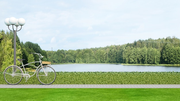 Parc à vélos et vue sur le lac - rendu 3d