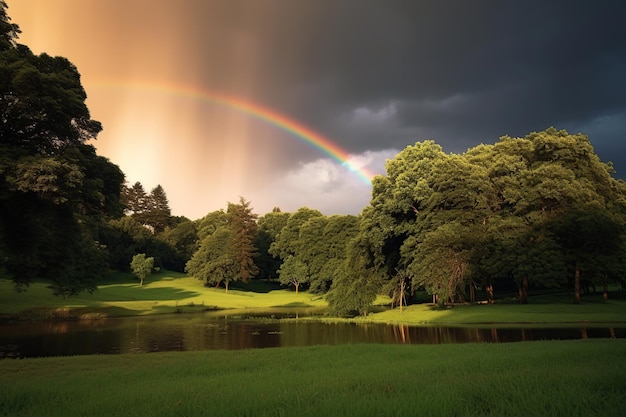 Parc vert avec un arc-en-ciel IA générative