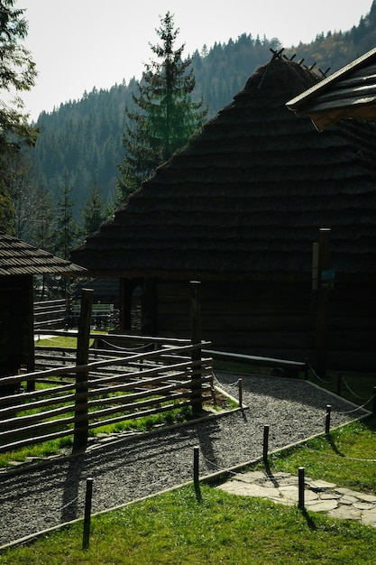 Parc avec de vieilles maisons et différents animaux dans les montagnes des Carpates