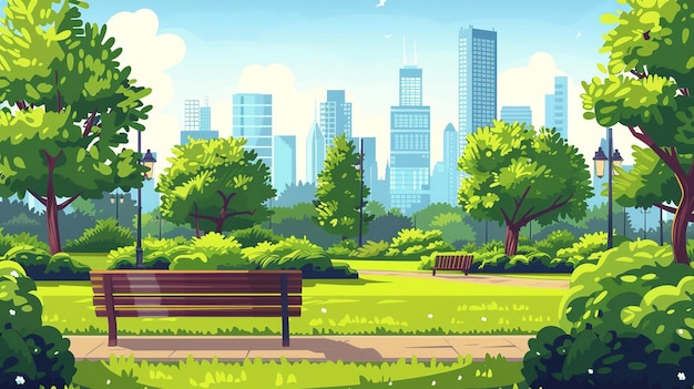 Parc de la ville avec des arbres verts et de l'herbe bancs en bois et gratte-ciel sur l'horizon illustration de dessin animé vectoriel du paysage d'été d'un jardin public vide avec des buissons pelouse et des sentiers