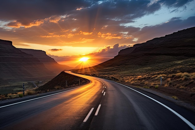 En parcourant le paysage, il y a une route qui s'étend devant vous Pendant que vous conduisez le long de la