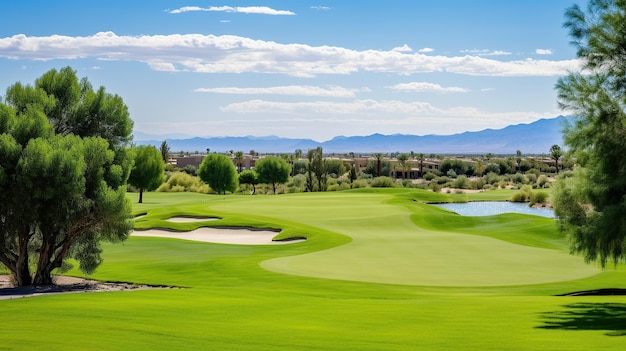 Parcours de golf avec une herbe verte riche avec de belles vuesParcours de golf vert avec des vues météo claires AI générative