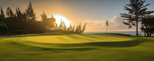 Photo parcours de golf vert au coucher du soleil surplombant la mer ia générative