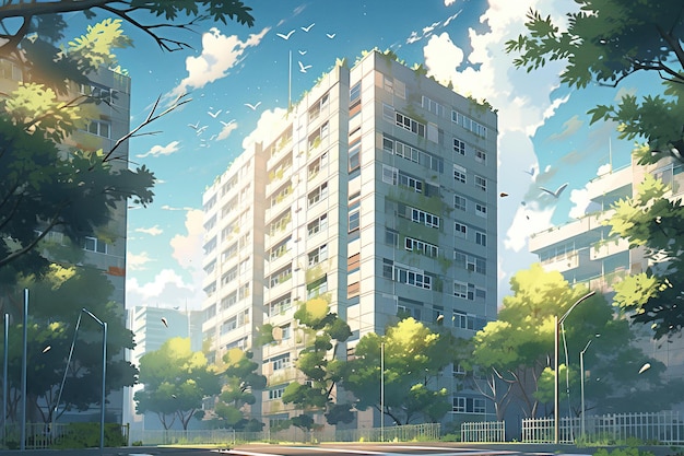 Parcs et arbres de l'environnement urbain vert dans la zone résidentielle sur l'illustration d'anime de journée ensoleillée