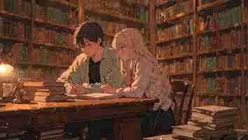 Photo pareja anime étudiant ensemble dans une ancienne bibliothèque rodeados de enormes estanterias y luz