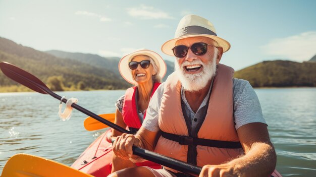 Pareja de hombre y mujer seniors navigant en canoa par un lago entre montanas en un dia soleado