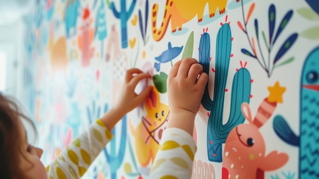 Un parent accroche soigneusement une peinture murale sur le mur de la chambre de l'enfant.