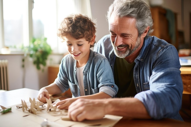 Parent aidant son enfant à construire un modèle réduit d'avion