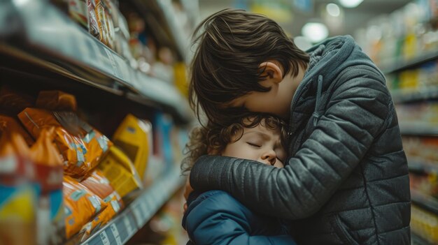 Photo un parent qui ne peut pas se permettre d'acheter de l'épicerie réconfortant un enfant qui pleure dans une épicerie