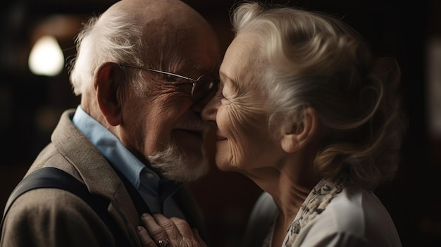 Des parents âgés attentionnés s'embrassent à l'occasion de leur anniversaire de mariage