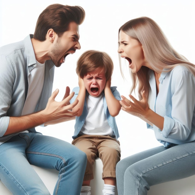 Photo des parents crient à un enfant qui pleure isolé sur un fond blanc