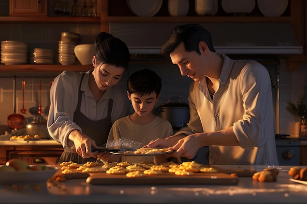 Photo des parents cuisinent des biscuits en famille.