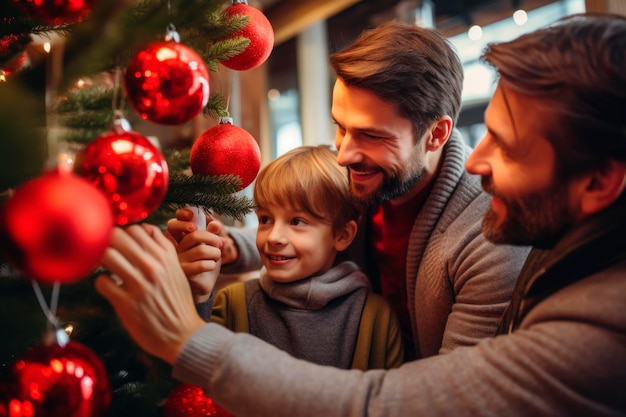 Photo les parents décorent l'arbre de noël.