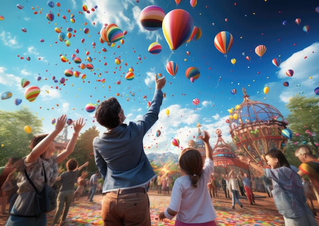 Parents et enfants lançant des fléchettes sur des ballons lors d'un jeu de carnaval