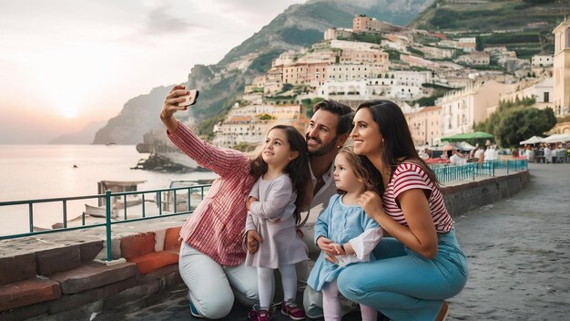 Photo des parents et des enfants prennent un selfie dans la ville de positano, en italie, sur la côte amalfitaine.